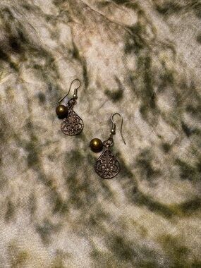 Filigree Teardrop Drop Earrings with olive green Beads